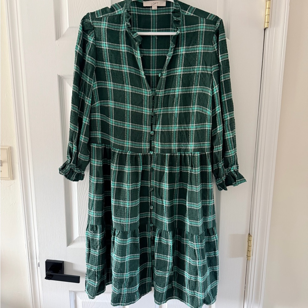 LOFT Forest Checkered Long Sleeve Dress